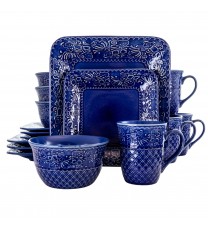 Elama Indigo Lotus 16 Piece Square  Dinnerware Set