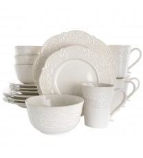 Elama Luna 16 Piece Embossed Scalloped Stoneware Dinnerware Set in White