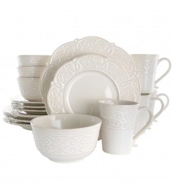 Elama Luna 16 Piece Embossed Scalloped Stoneware Dinnerware Set in White