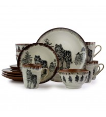 Elama Majestic Wolf 16 Piece Luxurious Stoneware Dinnerware with Complete Setting for 4