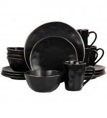 Elama Modern 16 Piece Stoneware Dinnerware Set in Matte Black with Gold Rim