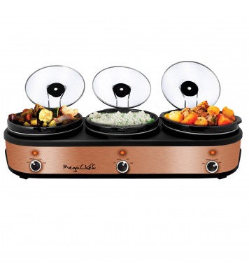 MegaChef Triple 2.5 Quart Slow Cooker and Buffet Server in Brushed Copper and Black Finish with 3 Ceramic Cooking Pots and Removable Lid Rests