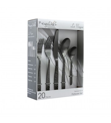 MegaChef La Vague 20 Piece Flatware Utensil Set, Stainless Steel Silverware Metal Service for 4 in Matte Black