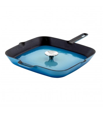 MegaChef 11 Inch Square Enamel Cast Iron Grill Pan with Matching Grill Press in Blue with Press