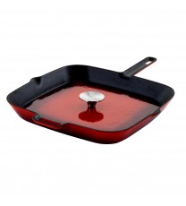 MegaChef 11 Inch Square Enamel Cast Iron Grill Pan with Matching Grill Press in Red with Press