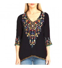 Size: Medium,Color: Black - Private Garden Embroidered Tunic Tops In Vivid Colors