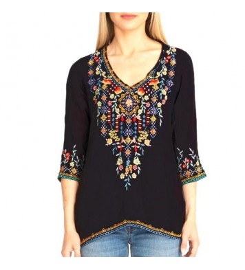 Size: Medium,Color: Black - Private Garden Embroidered Tunic Tops In Vivid Colors