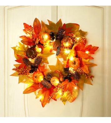 18 Inch Fall Wreath Artificial Pumpkins Maple Leaves Pine Cone Autumn Harvest Wreath Outdoor Halloween Thanksgiving Decorations Wreath