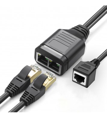 RJ45 Ethernet Splitter 1 Female To 2 Female Network Extension Connector Ethernet Switch With Usb Charging Cable black