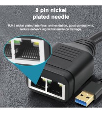 RJ45 Ethernet Splitter 1 Female To 2 Female Network Extension Connector Ethernet Switch With Usb Charging Cable black