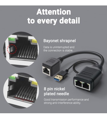 RJ45 Ethernet Splitter 1 Female To 2 Female Network Extension Connector Ethernet Switch With Usb Charging Cable black