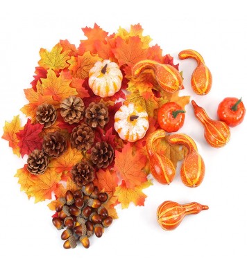 166 Pcs Mini Fake Artificial Pumpkins Set Realistic Maple Leaves Pine Cones Acorns Pumpkins For Halloween Thanksgiving Decor set