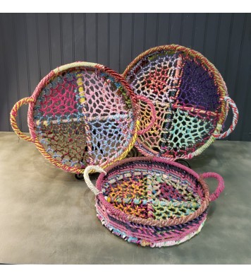 Handmade Set Of 3 Rainbow Round Nesting Jute Trays