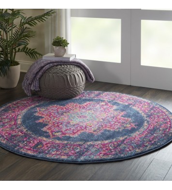 4' Blue Round Power Loom Area Rug