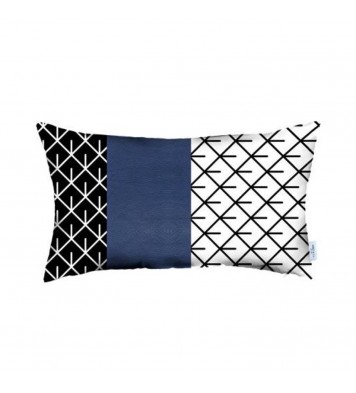 Rectangular Bohemian Lattice Pattern And Navy Blue Faux Leather Lumbar Pillow Cover