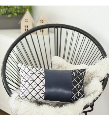 Rectangular Bohemian Lattice Pattern And Navy Blue Faux Leather Lumbar Pillow Cover