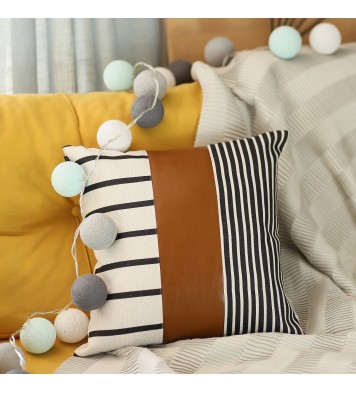 Faux Leather And Monochromatic Stripes Decorative Pillow Cover