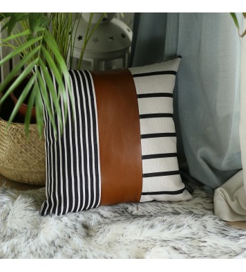 Faux Leather And Monochromatic Stripes Decorative Pillow Cover