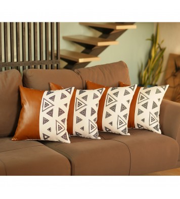 Set Of 4 Triangle And Brown Faux Leather Pillow Covers