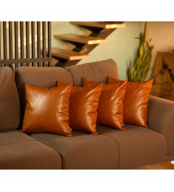 Set Of 4 Brown Faux Leather 22" Pillow Covers