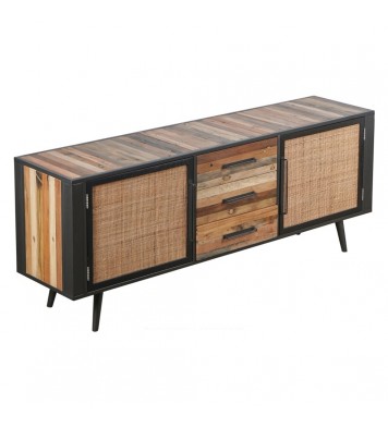 79" Modern Rustic Black Natural And Rattan Buffet Server