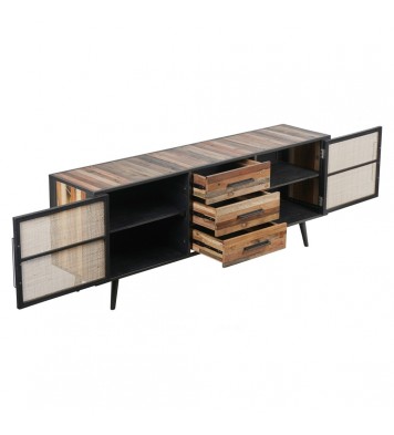 79" Modern Rustic Black Natural And Rattan Buffet Server