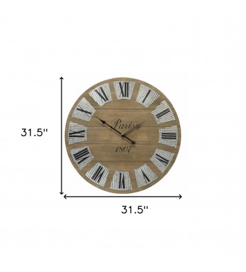 32" Round Brown Wood And Metal Analog Wall Clock