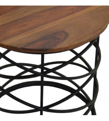 19" Black And Brown Solid Wood And Iron Round End Table