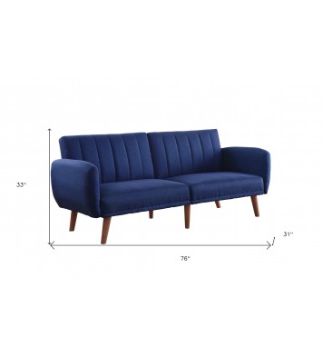 76" Blue Linen And Wood Brown Sleeper Sofa