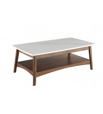 48" Walnut And White Stone Rectangular Coffee Table With Shelf