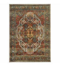 8' X 11' Red Gold Orange Green Ivory Rust And Blue Oriental Power Loom Stain Resistant Area Rug