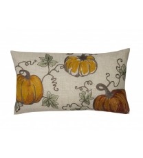 12" X 20" Green and Orange Thanksgiving Pumpkin Linen Blend Zippered Pillow With Embroidery