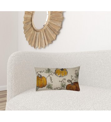 12" X 20" Green and Orange Thanksgiving Pumpkin Linen Blend Zippered Pillow With Embroidery