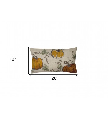 12" X 20" Green and Orange Thanksgiving Pumpkin Linen Blend Zippered Pillow With Embroidery