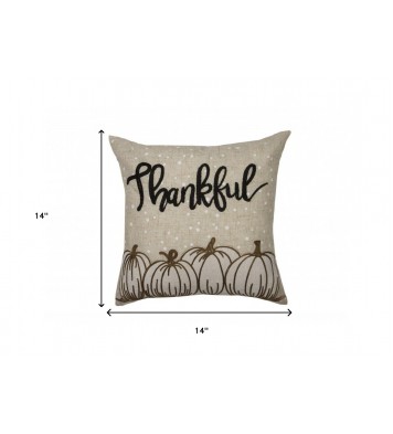 14" X 14" Beige and White Thanksgiving Pumpkin Linen Blend Zippered Pillow With Applique