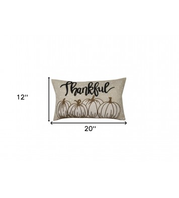 12" X 20" Beige and White Thanksgiving Pumpkin Linen Blend Zippered Pillow With Applique