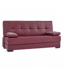 75" Burgundy Faux Leather And Brown Convertible Futon Sleeper Sofa With Two Toss Pillows