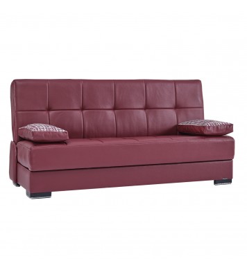 75" Burgundy Faux Leather And Brown Convertible Futon Sleeper Sofa With Two Toss Pillows