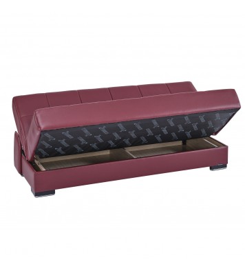 75" Burgundy Faux Leather And Brown Convertible Futon Sleeper Sofa With Two Toss Pillows