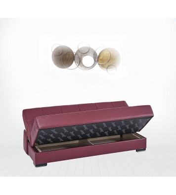 75" Burgundy Faux Leather And Brown Convertible Futon Sleeper Sofa With Two Toss Pillows