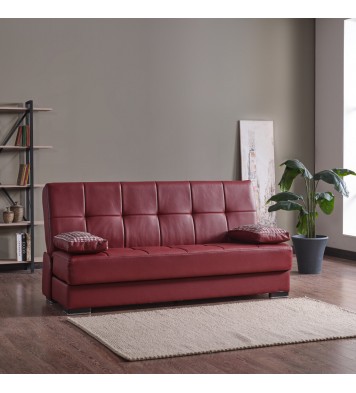 75" Burgundy Faux Leather And Brown Convertible Futon Sleeper Sofa With Two Toss Pillows