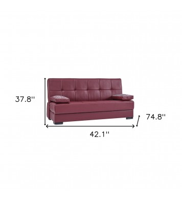 75" Burgundy Faux Leather And Brown Convertible Futon Sleeper Sofa With Two Toss Pillows