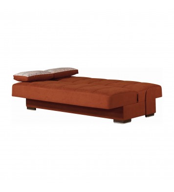 42" Rust Orange Chenille And Brown Convertible Futon Sleeper Sofa With Toss Pillows