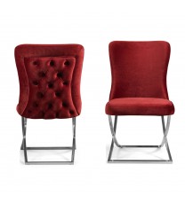 Set Of Two Tufted Burgundy and Chrome Upholstered Microfiber Dining Chairs