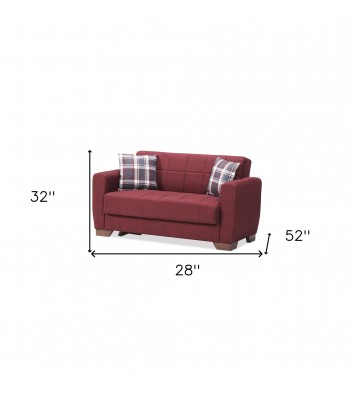 52" Burgundy Brown Chenille Futon Convertible Sleeper Love Seat With Storage And Toss Pillows