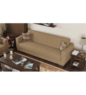 84" Beige Chenille And Brown Sleeper Sleeper Sofa With Two Toss Pillows