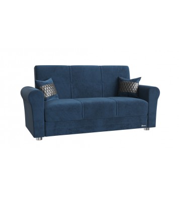 63" Blue Silver Microfiber Futon Convertible Sleeper Love Seat With Storage And Toss Pillows