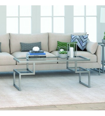 45" Silver Glass Rectangular Coffee Table With Two Shelves