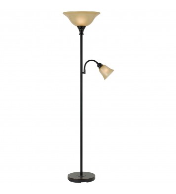 71" Bronze Two Light Torchiere Floor Lamp With Brown Frosted Glass Dome Shade