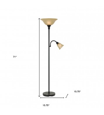 71" Bronze Two Light Torchiere Floor Lamp With Brown Frosted Glass Dome Shade